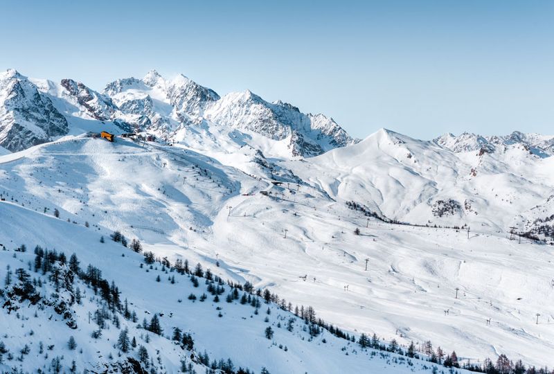 A drone shot of the huge ski area and everything it encompasses