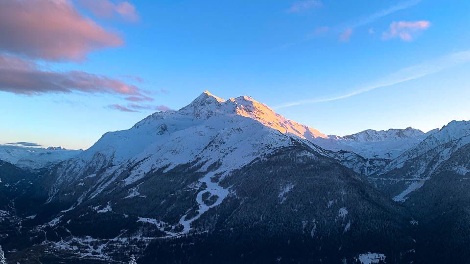 Snowy mountains and ski resort