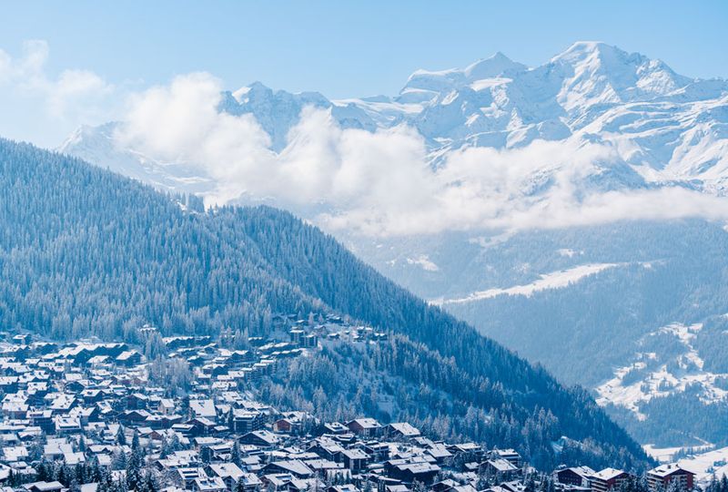 The snow-topped roofs of a village are captured against snowy trees from above