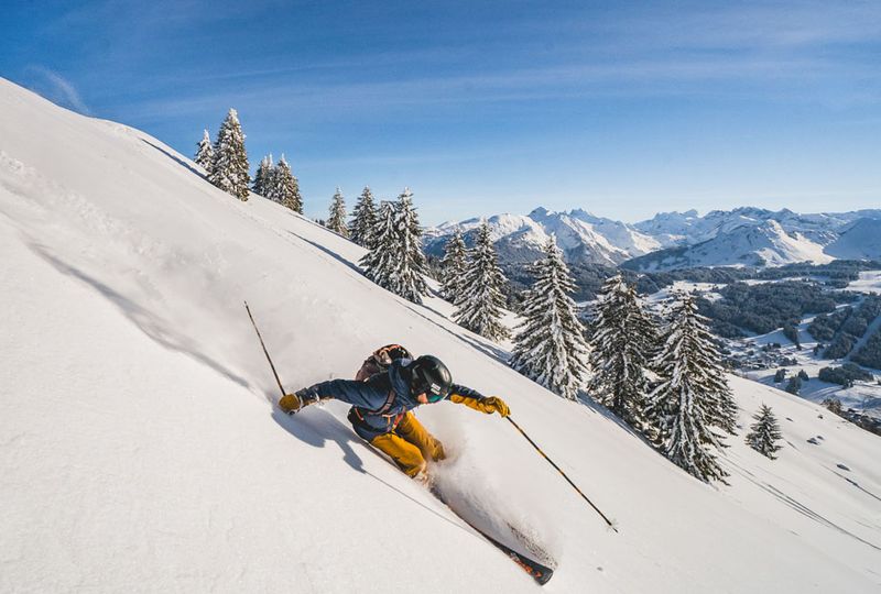 a skier turns on fresh snow off-piste, arms swinging, with snowy trees behind and big mountains in the distance. Shot taken from the side